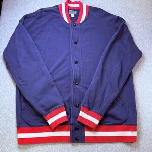 J. Crew Vintage Fleece Varsity Jacket Navy Red White Men's‎ L Cotton Snap Front